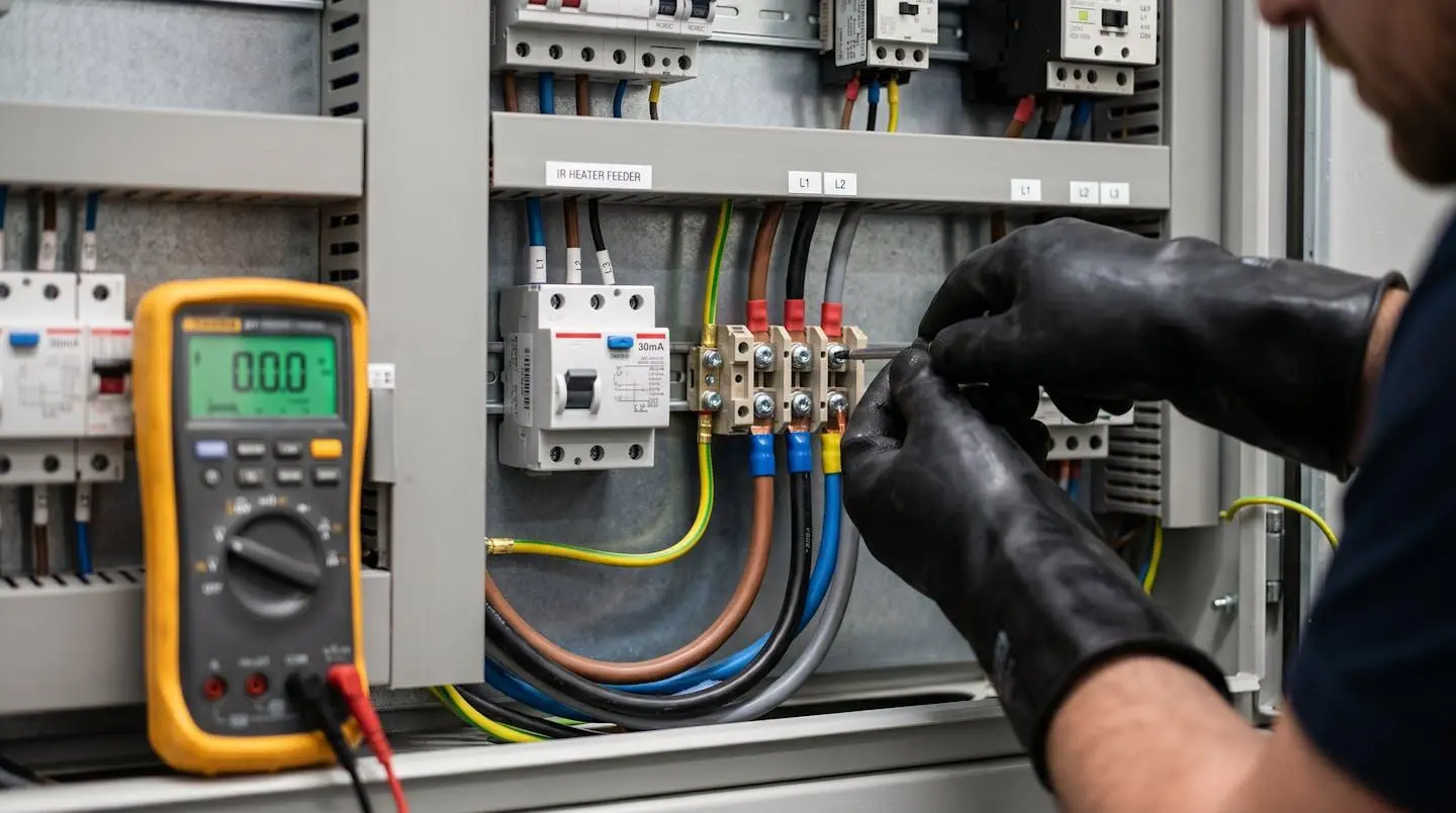 Gros plan sur mains d'électricien avec gants isolants connectant câbles triphasés colorés sur bornier de radiateur infrarouge, disjoncteur différentiel 30mA et multimètre digital visibles