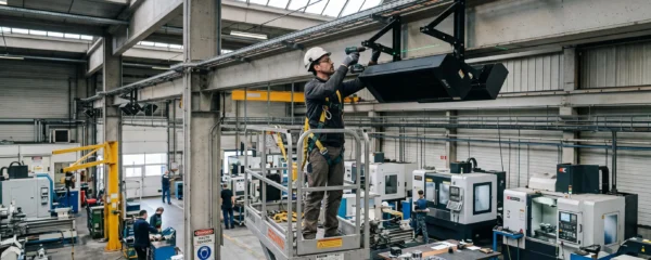 Technicien sur nacelle élévatrice fixant un radiateur infrarouge plafond métallique à 7 mètres de hauteur dans un atelier industriel français avec machines-outils au sol et structure métallique apparente