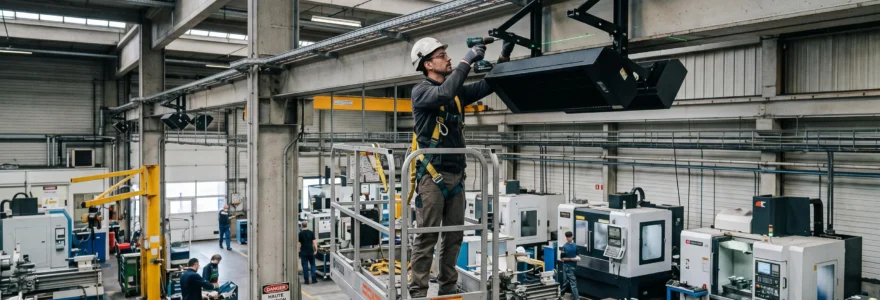 Technicien sur nacelle élévatrice fixant un radiateur infrarouge plafond métallique à 7 mètres de hauteur dans un atelier industriel français avec machines-outils au sol et structure métallique apparente