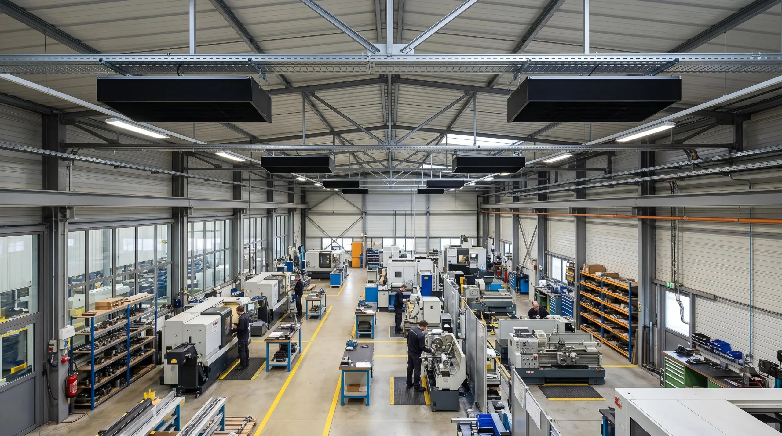 Vue plongeante d'atelier industriel montrant quatre radiateurs infrarouges noirs installés au plafond en disposition quadrillée, machines-outils au sol et marquage de circulation jaune